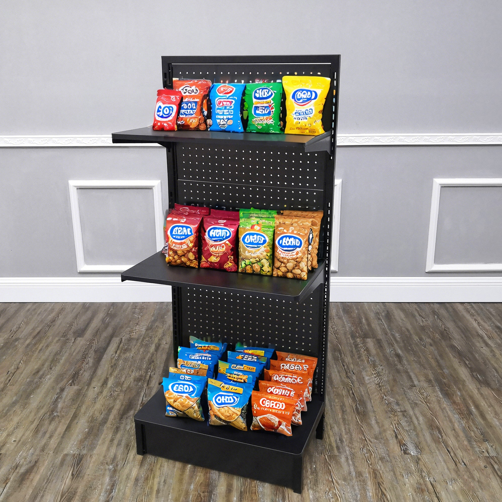 24.0" Wide Gondola Rack Stand with Two Shelves Black Pegboard Display