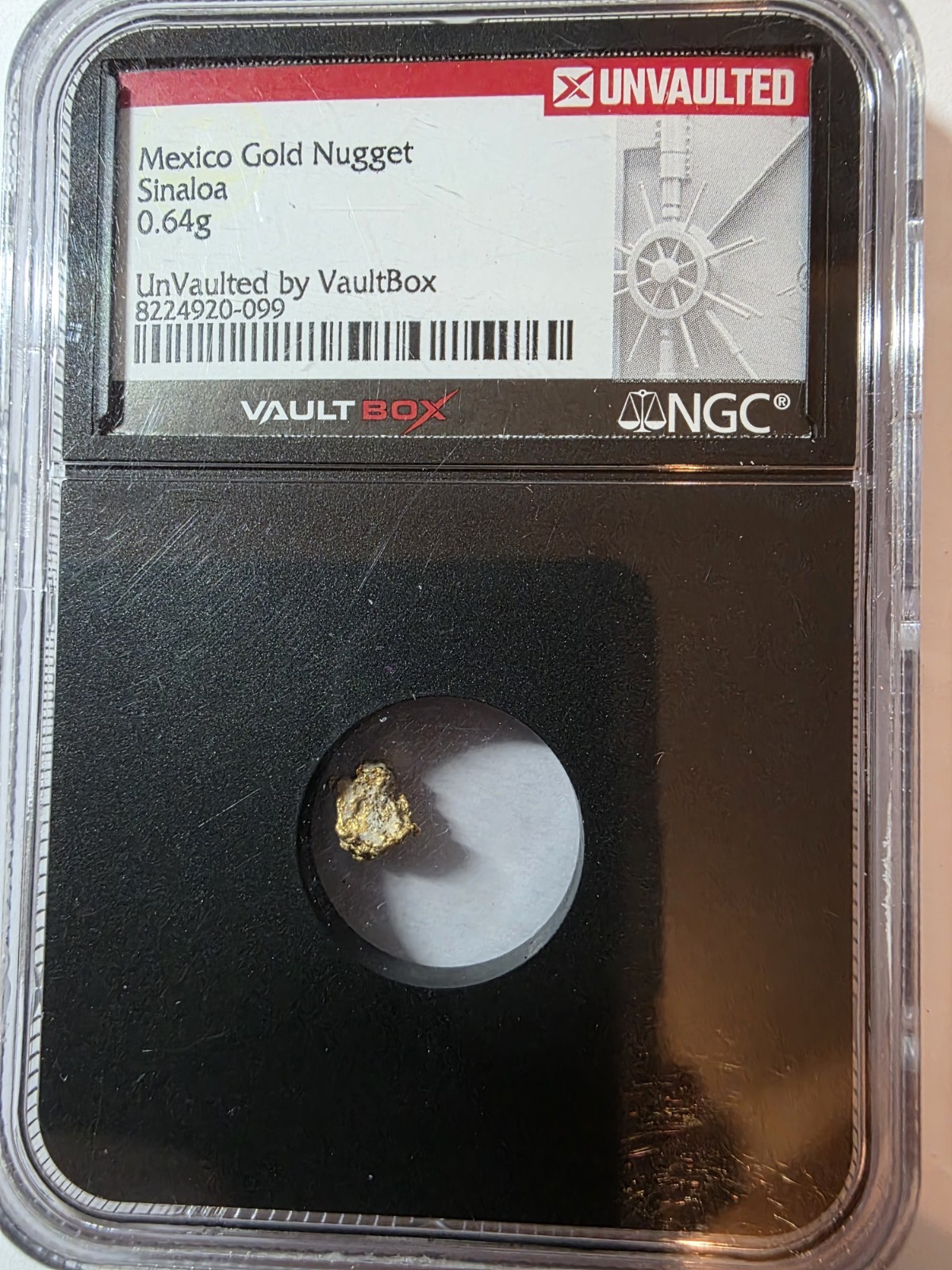 Mexico Gold Nugget 0.64 Gram Sinaloa Unvaulted Vault Box, NGC Certified