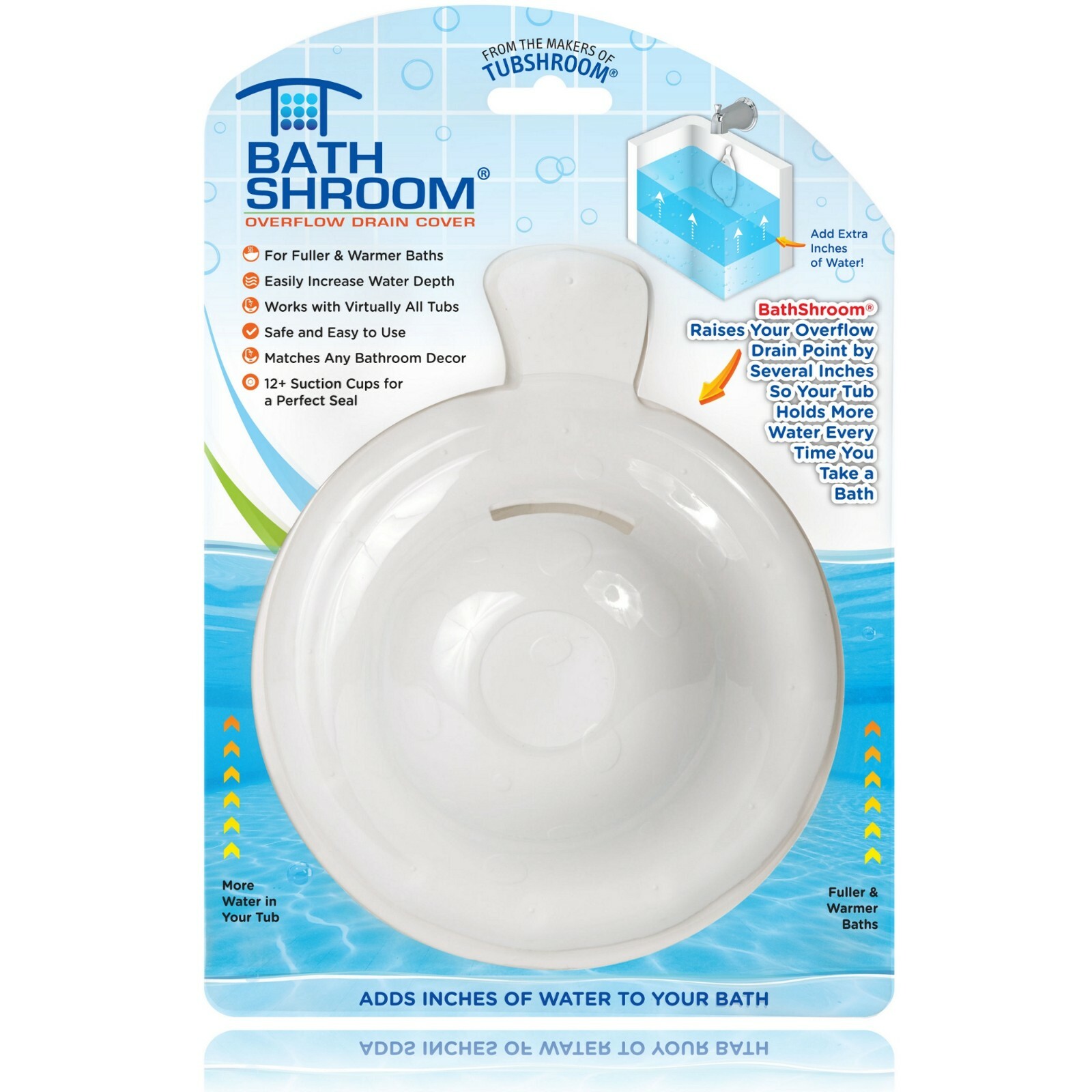 BathShroom® Overflow Drain Cover for Fuller and Warmer Baths by TubShroom, White