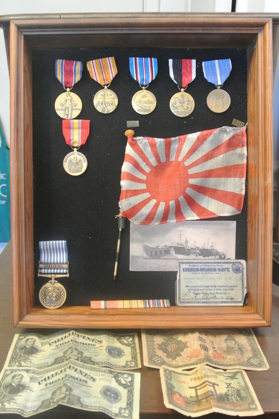 Vintage World War 2 Shadow Box US Navy Medals Ribbons Currency Flag USS Piedmont