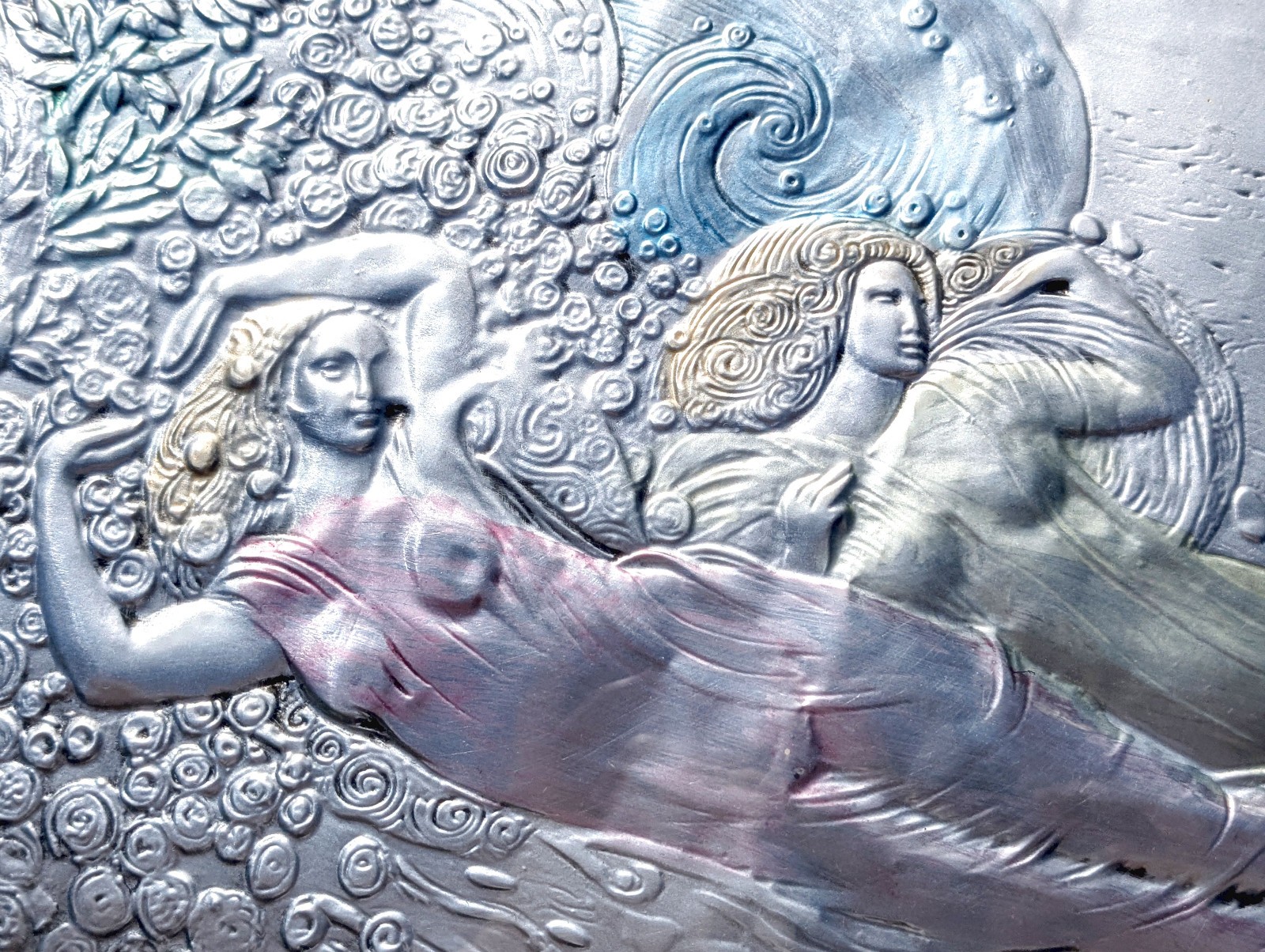 Large Vtg Art Nouveau Sterling Silver Argento Italy Colored Framed Art Plaque