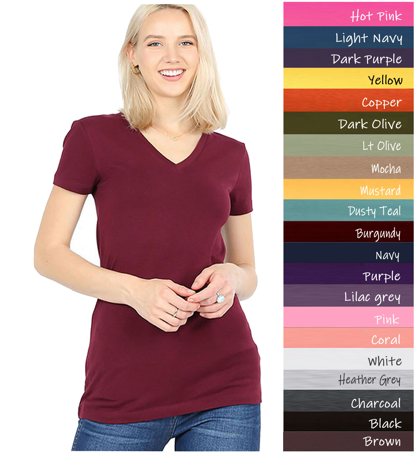(Zenana Outfitters) V-Neck Short Sleeve T Shirt Plain Solid Top Stretchy Cotton
