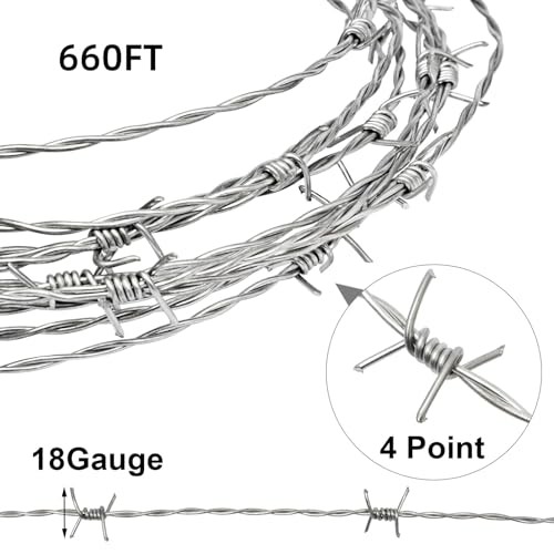 Real Barbed Wire 660FT（200M）, 4 Point Galvanized Barb Wire 18 660FT - 200M