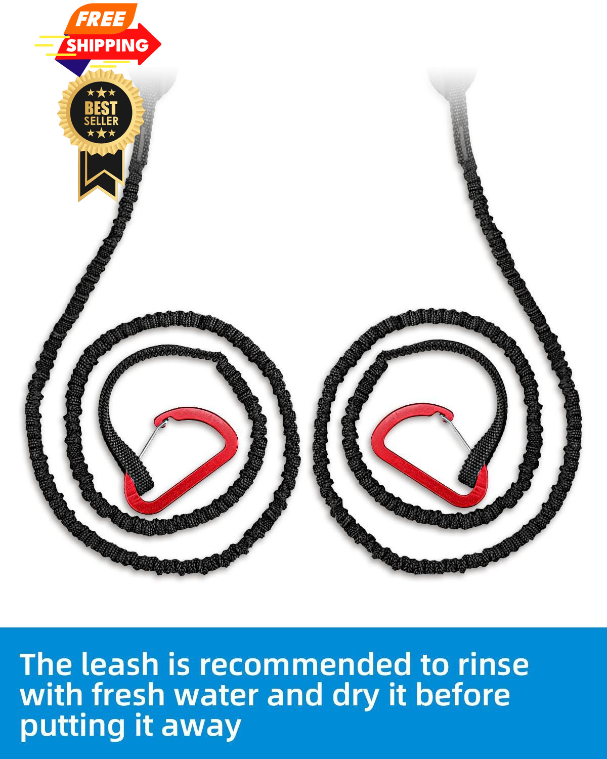 OCEANBROAD Kayak Paddle Leash with D-Ring Stretchable 4-7ft (2 pcs), Black