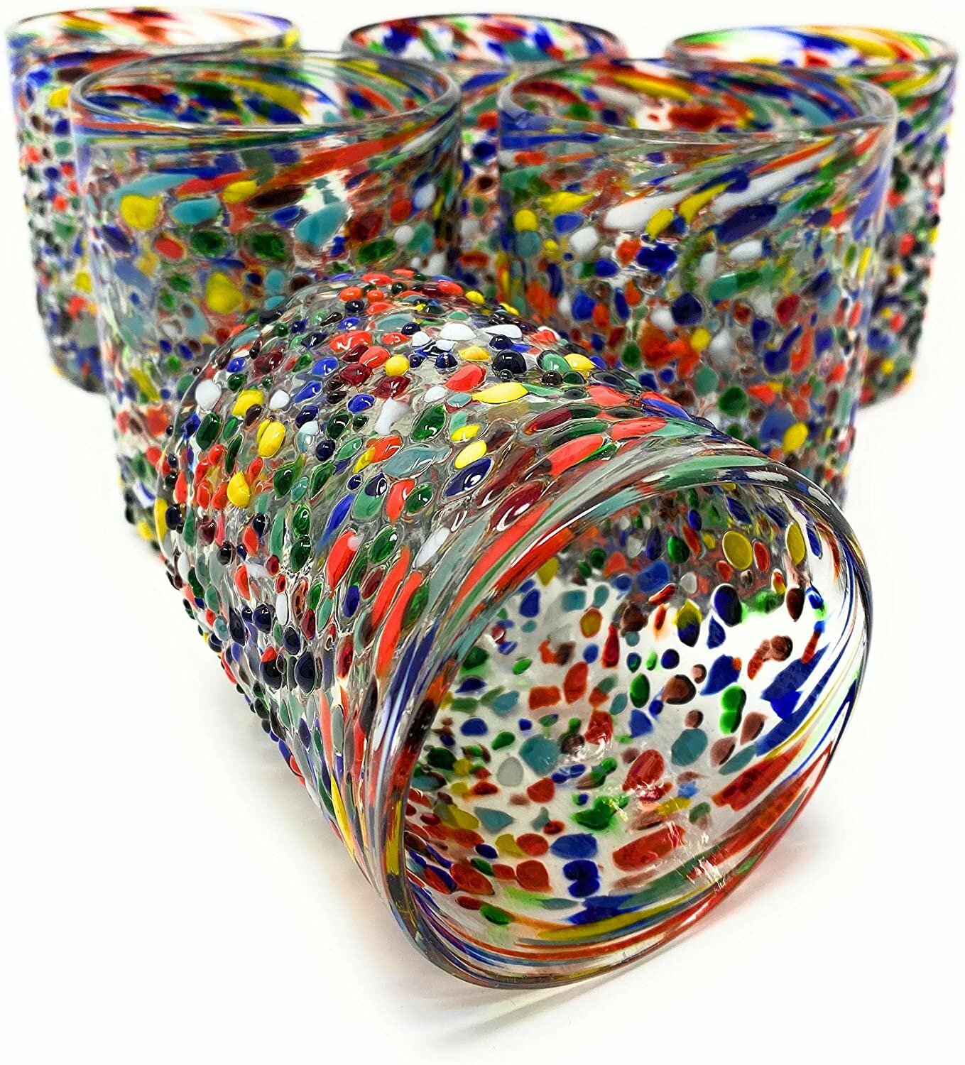 Hand Blown Mexican Drinking Glasses – Set of 6 Confetti Rock Tumbler Glasses...