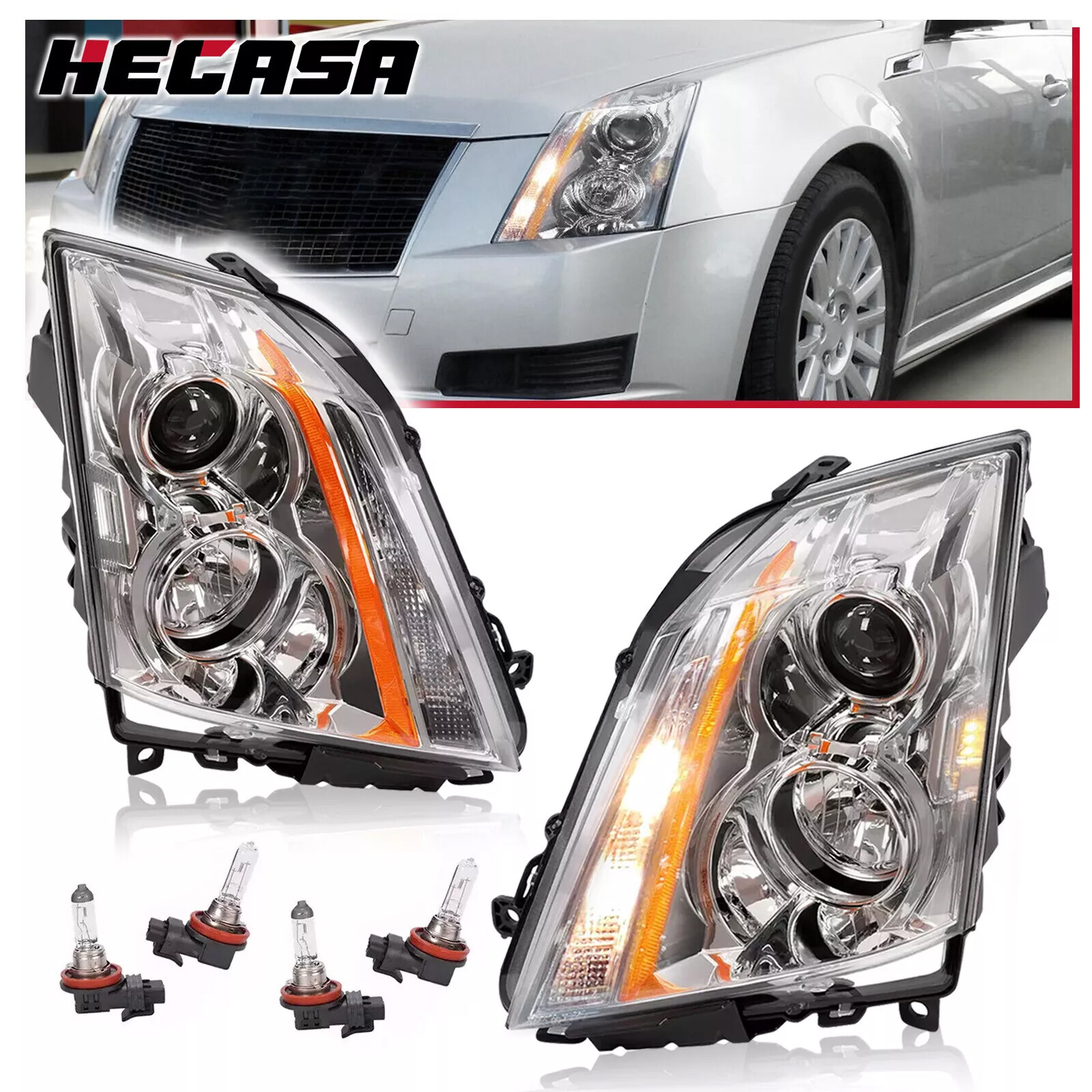 HECASA Halogen Pair Headlight For Cadillac CTS 08-15 Left and Right With Bulbs