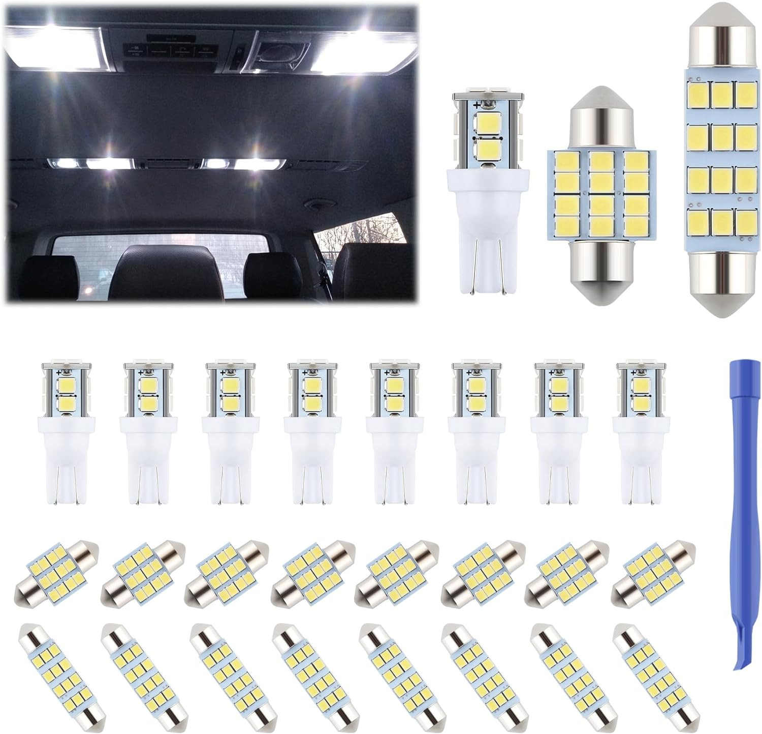 24x LED Car Interior Light Bulb Kit T10 194 31mm 42mm White Dome Map Door