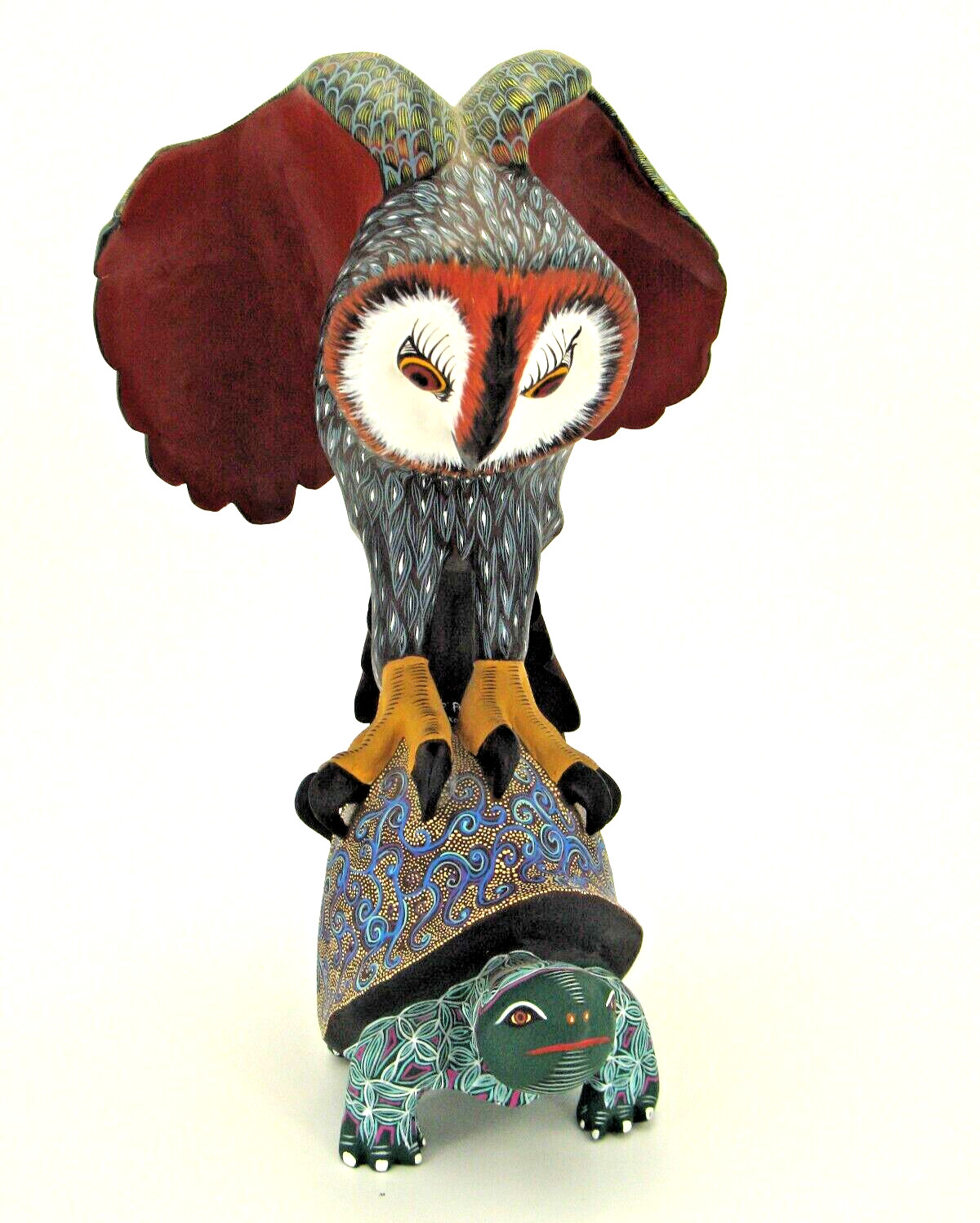 Oaxacan Wood Carving by Raul Ibanez "Owl on top of Tortoise" Mexican Folk Art