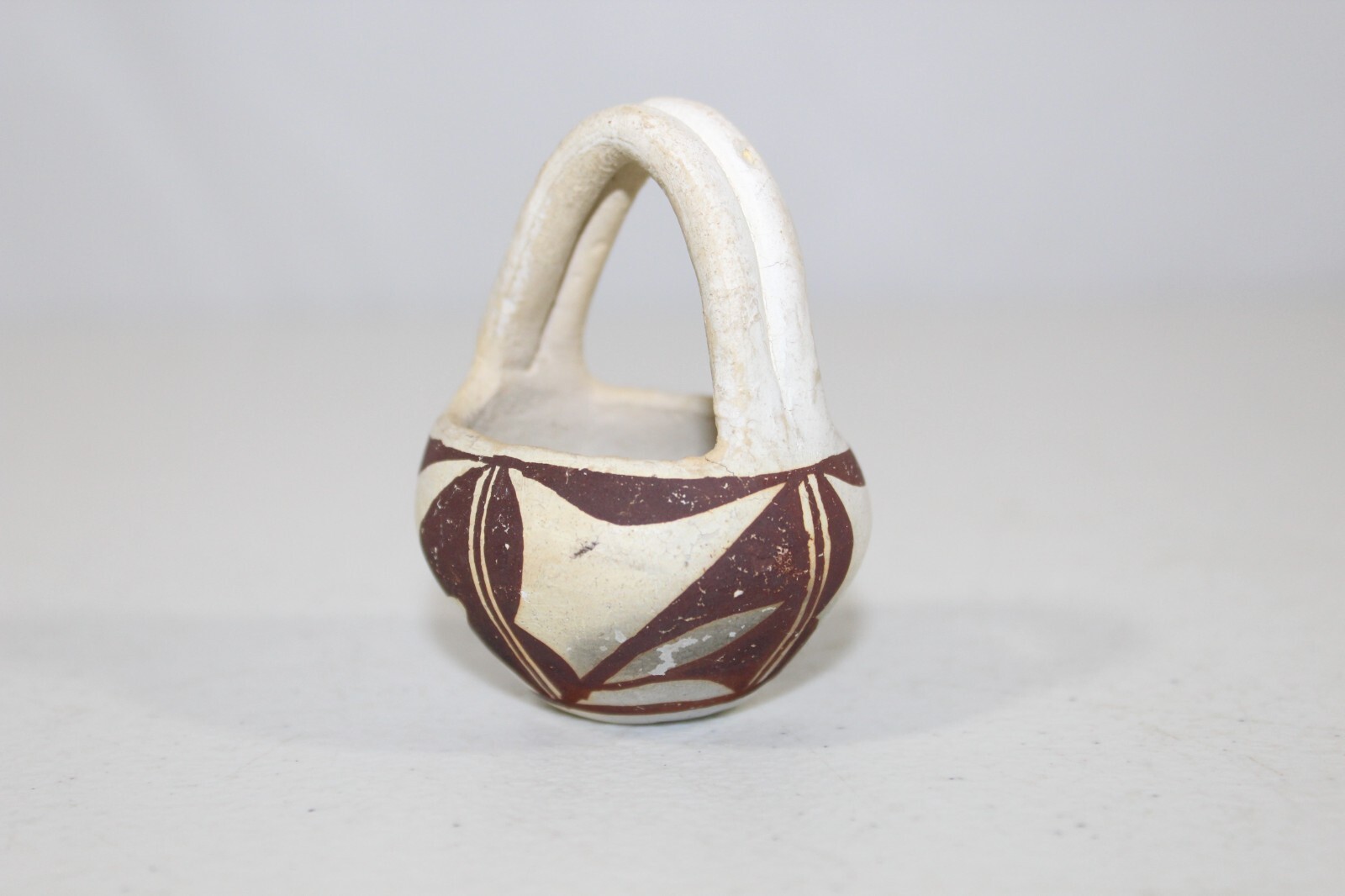 Vintage Acoma Pottery Small Basket Bowl 2.5" Tall Unsigned White & Brown
