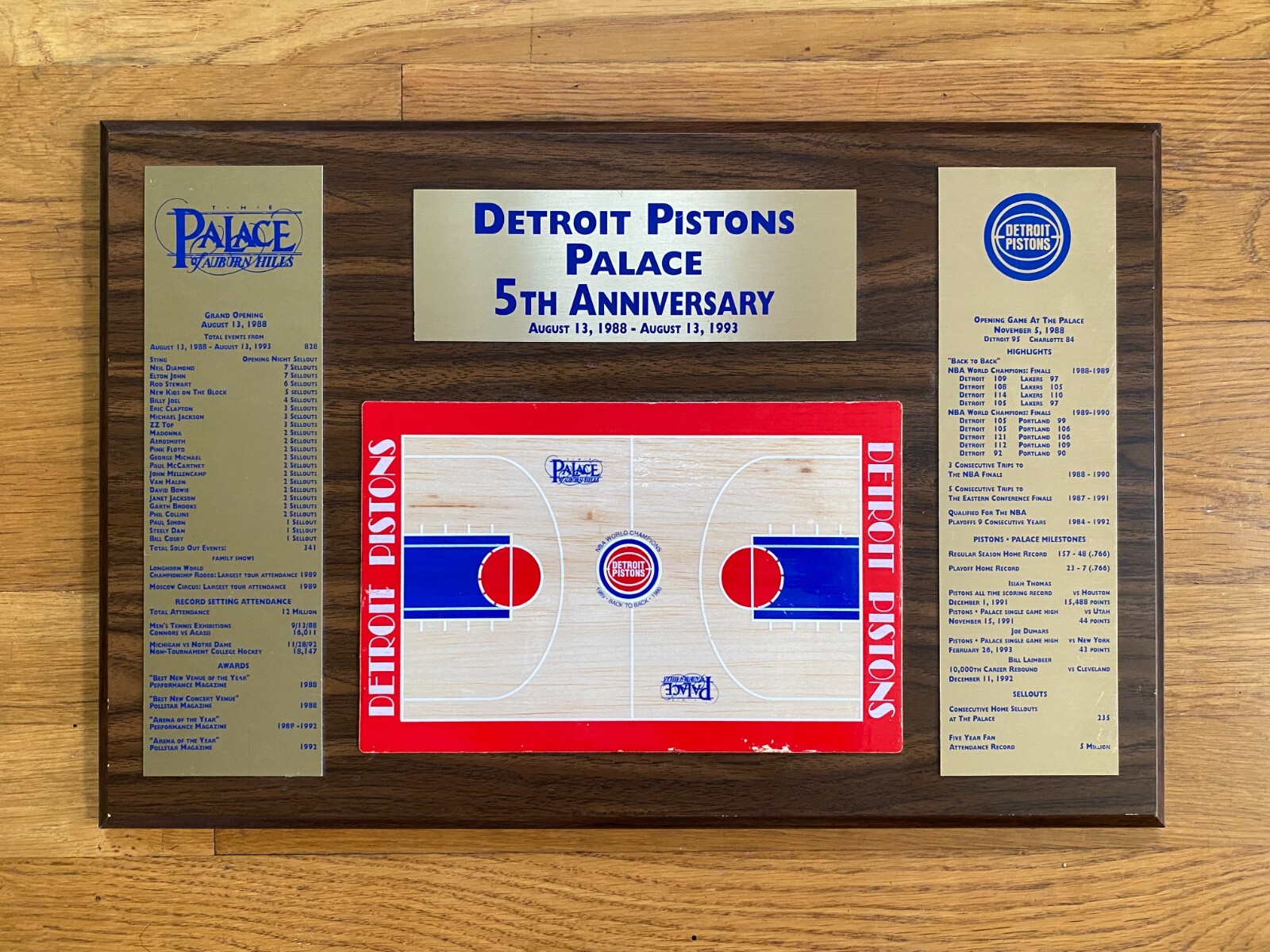 Vintage 1993 Detroit Pistons Palace of Auburn Hills 5 Yr Anniversary Wood Plaque