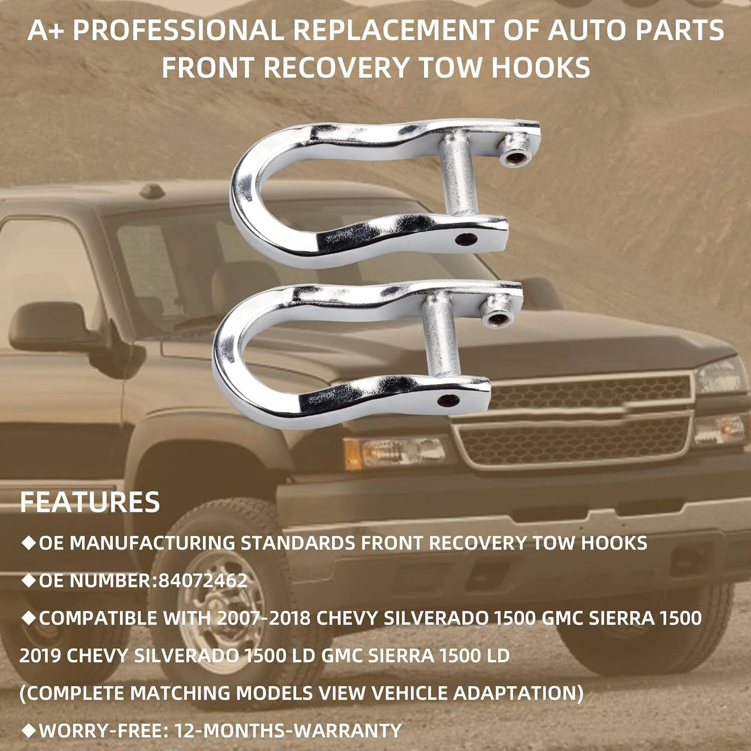 2pcs Chrome Tow Hooks for 2007-2019 Chevrolet GMC Silverado Sierra 1500 84072462