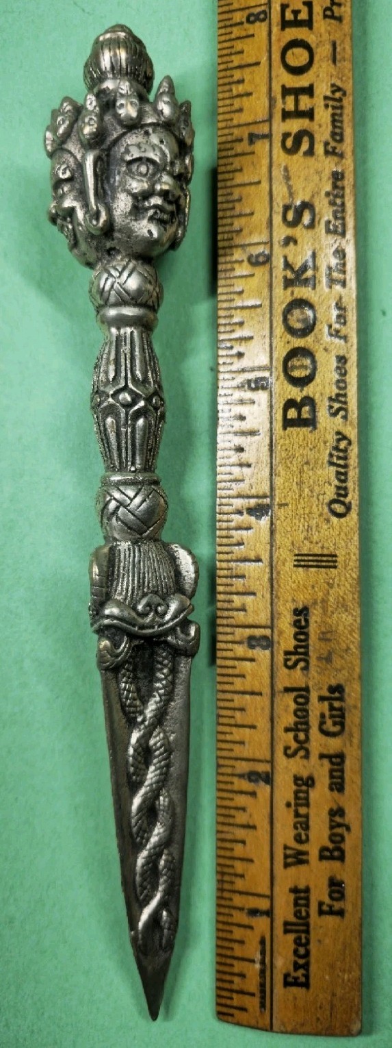 Vintage 7½" Nepal Tibet Buddhist Solid Metal 3-Faced Mahakhala Phurba Dagger