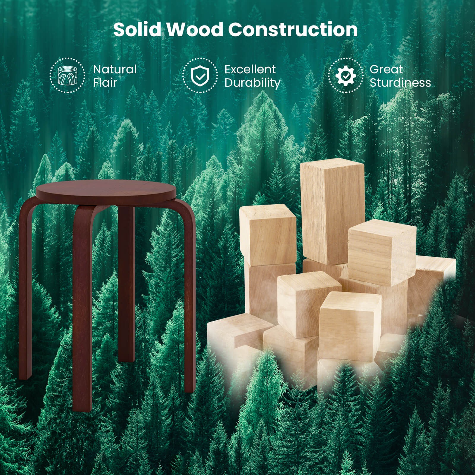 Set of 4 18" Stacking Stool Round Dining Chair Backless Wood Home Decor Brown