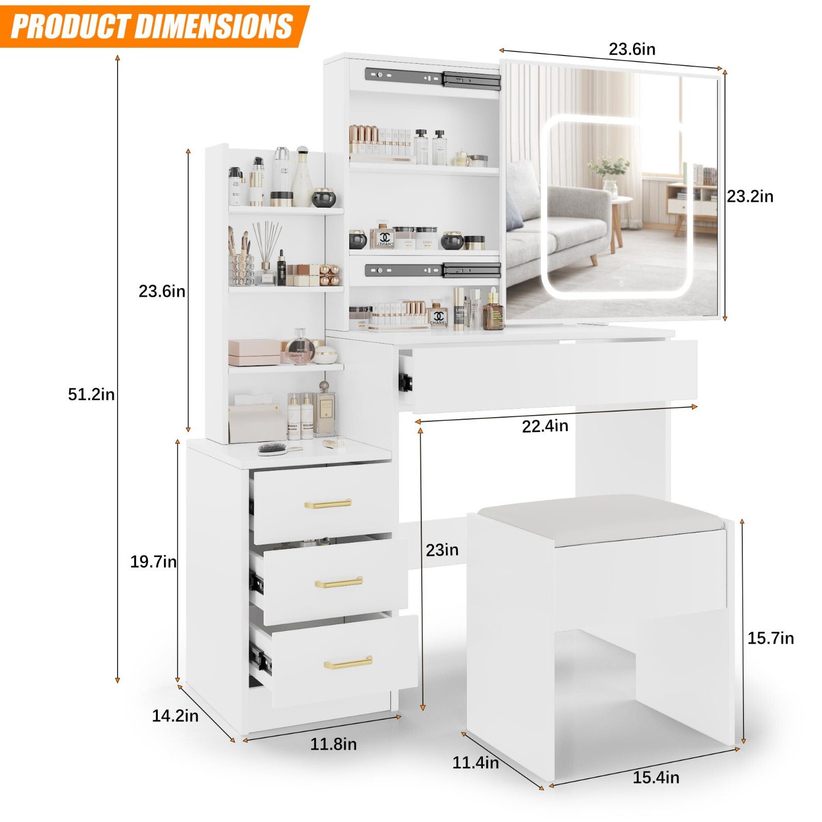 Vanity Desk Makeup Dressing Table Set w/ 4 Drawers Sliding Mirror and LED Lights