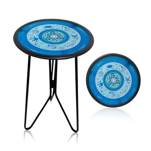 Outdoor Side Tables, 12" Weather Resistant Small Balcony Table Patio Side Blue