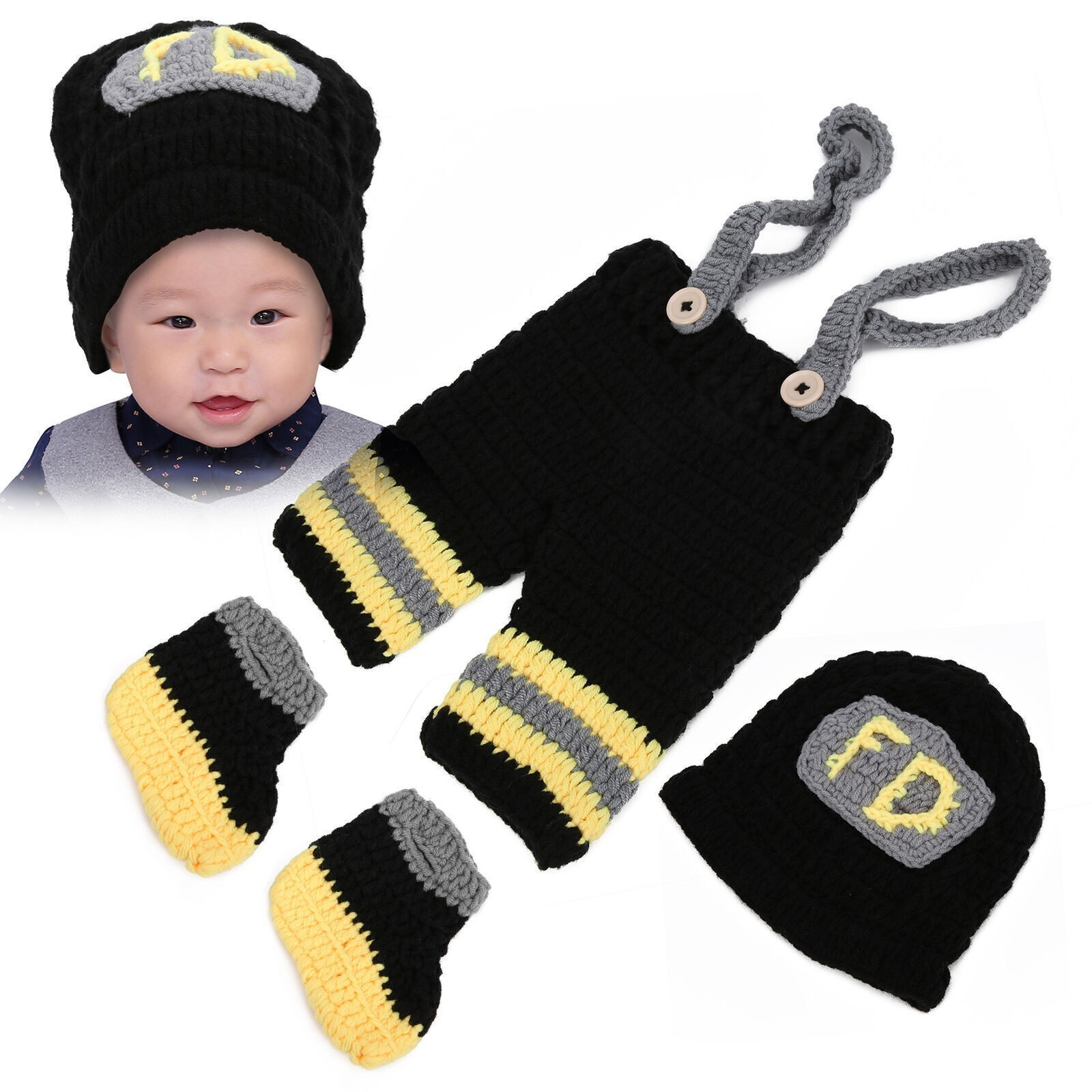 Baby Photography Props Fireman Hats Pants Outfit Crochet Hook Knitted Newborn