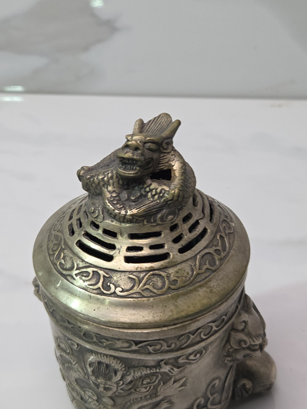 6" Qianlong Marked Copper Silver Dragon Beast Pattern Incense Burner Censer VTG