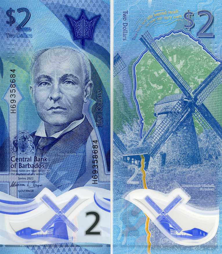 Barbados, $2, 2022, P-New, Polymer, UNC New Design