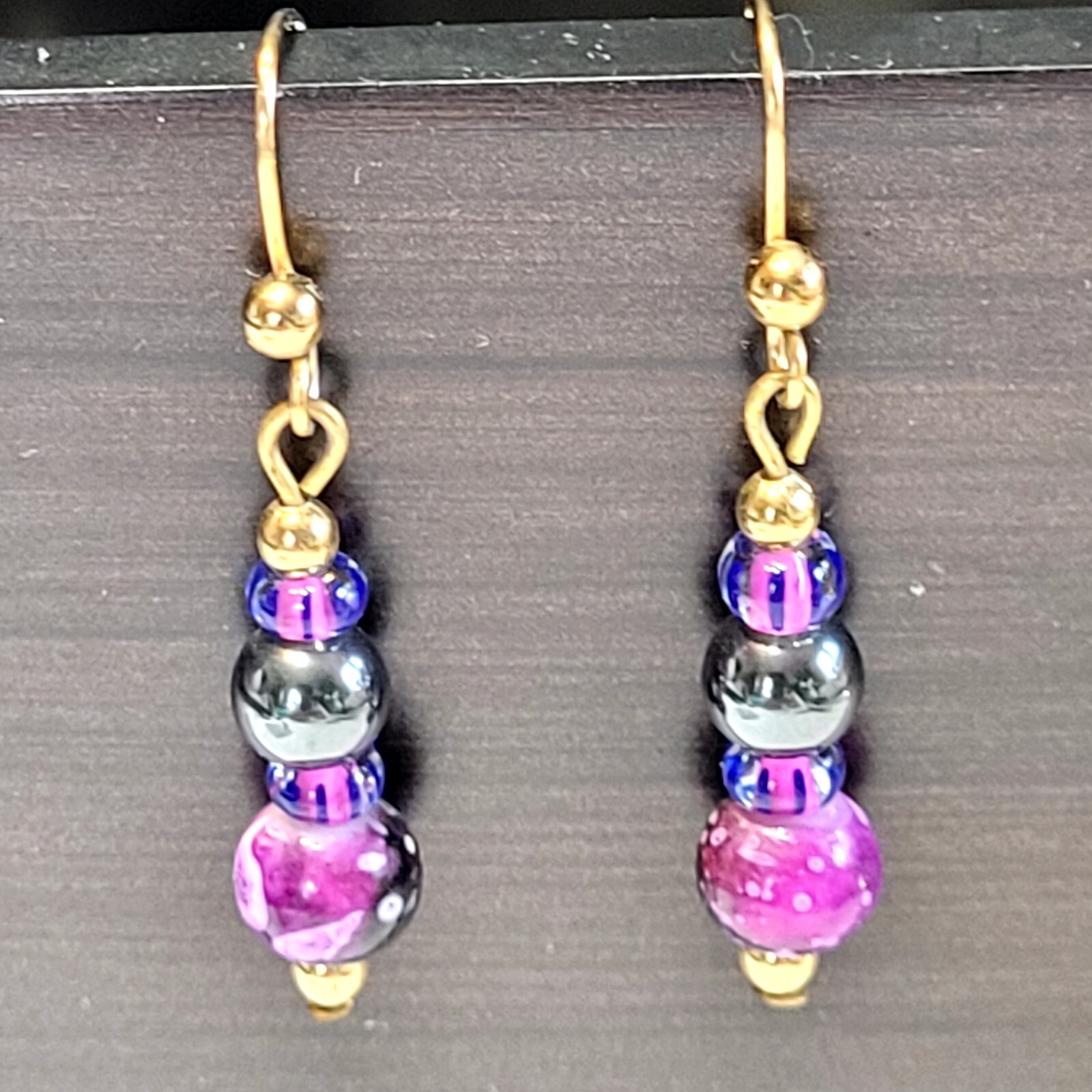 Goldtone Purple, Black, And Gold Beaded Pierced Hook Earrings