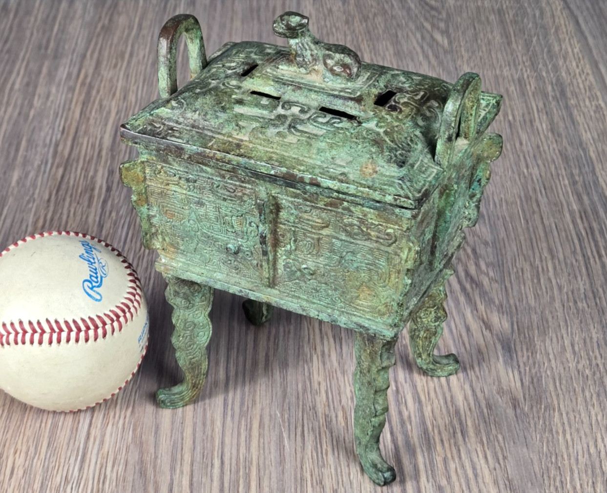 Chinese cast bronze Fang Ding Censer, dog lid, incense burner, signed