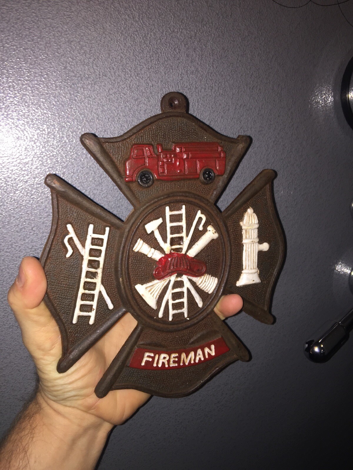 Firefighter Fireman Rescue Cast Iron Sign Plaque Fire Chief Rustic Patina 2+LB