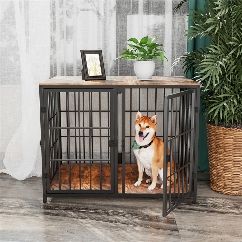 Indestructible Wooden Dog Crate Furniture with Divider for 2 Dogs Cage End Table