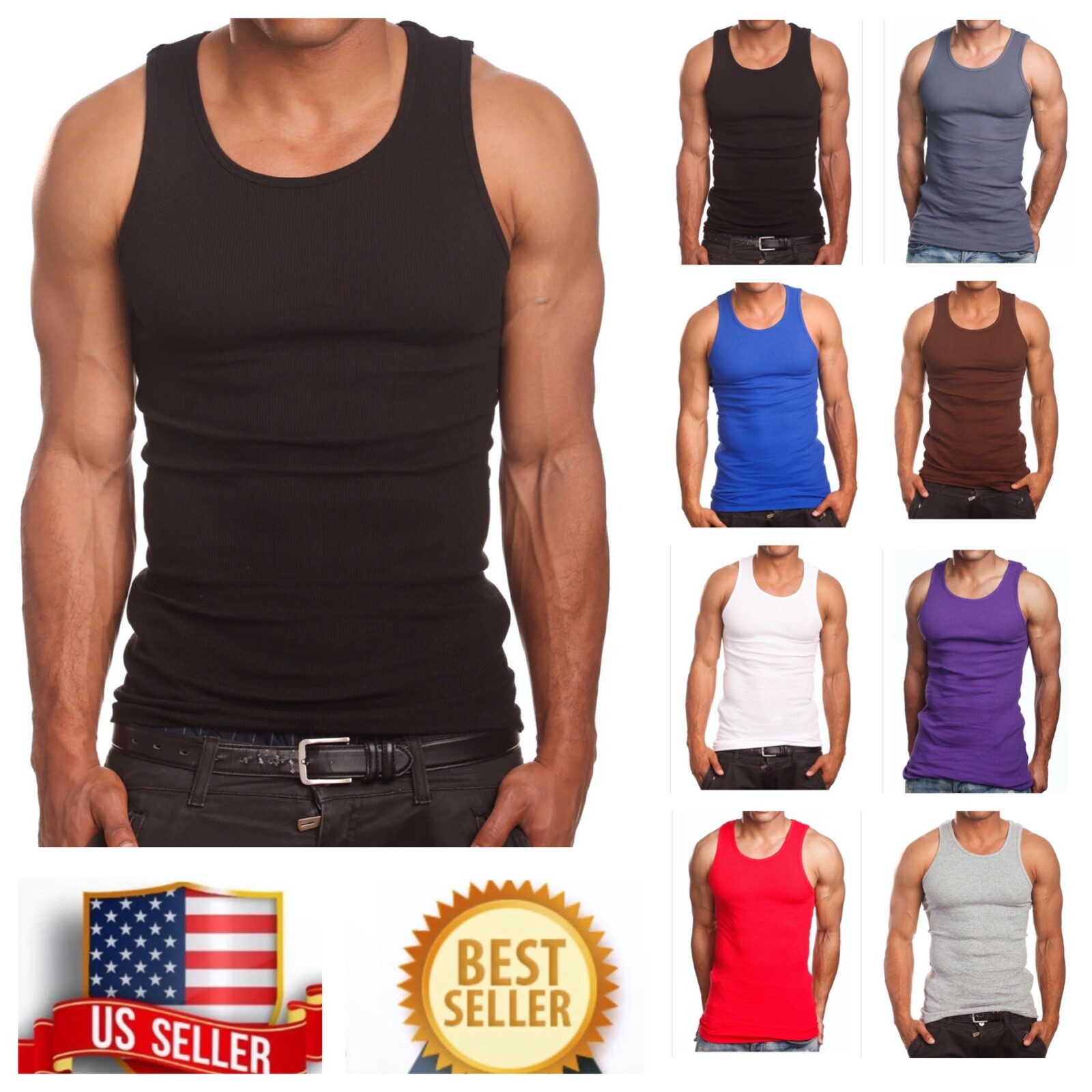 Men S-5XL 100% Cotton Tank Top T-Shirt A-Shirt Muscle Ribbed Wife Beater Tee Gym