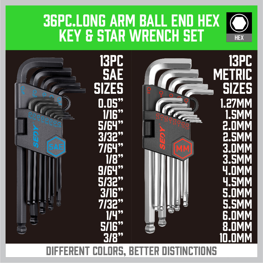36PC Hex Key Allen Wrench Set Ball End Long Arm Industrial Grade SAE Metric Star