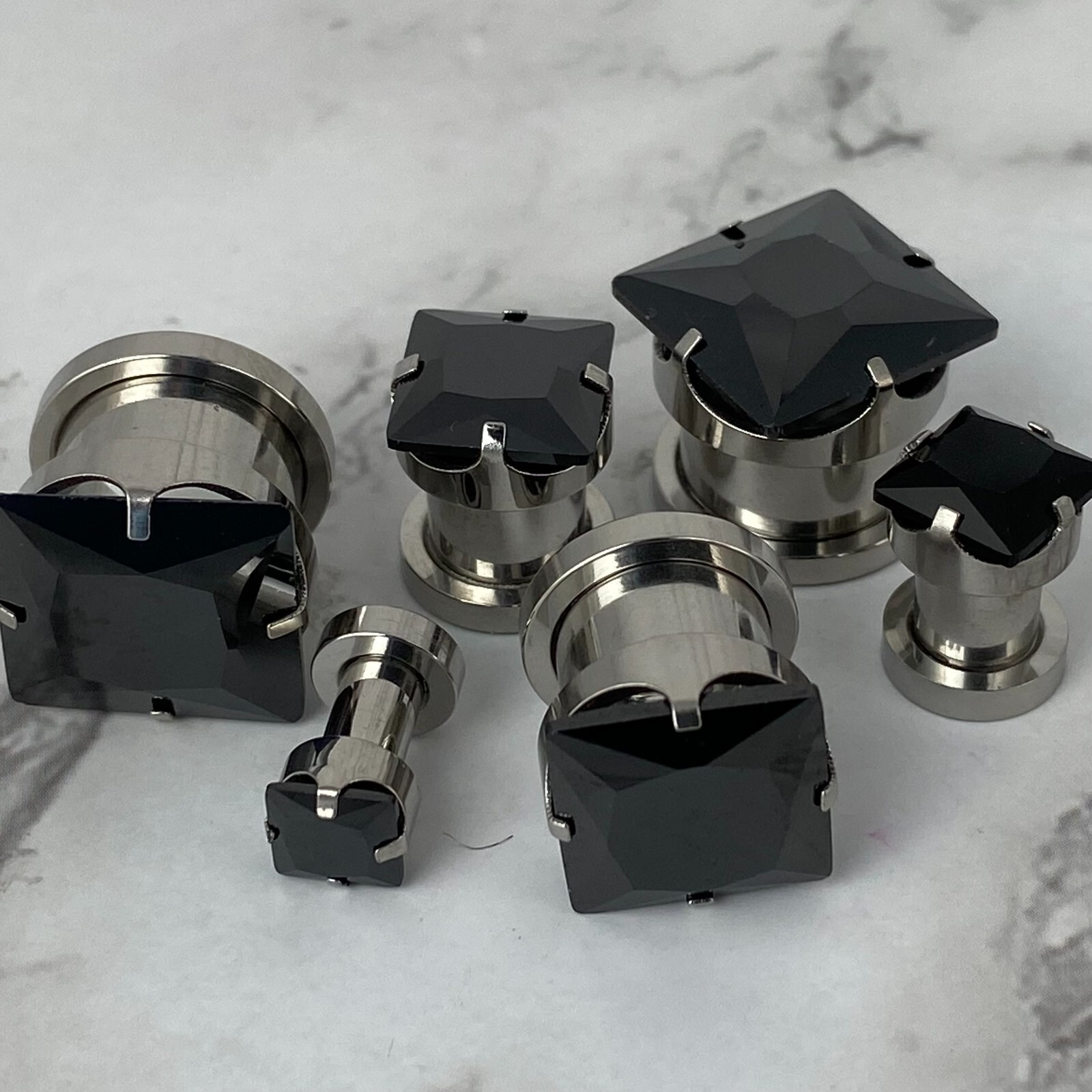 Pair of Prong Set 316L Steel with Black Square CZ Screw on Plugs gauges