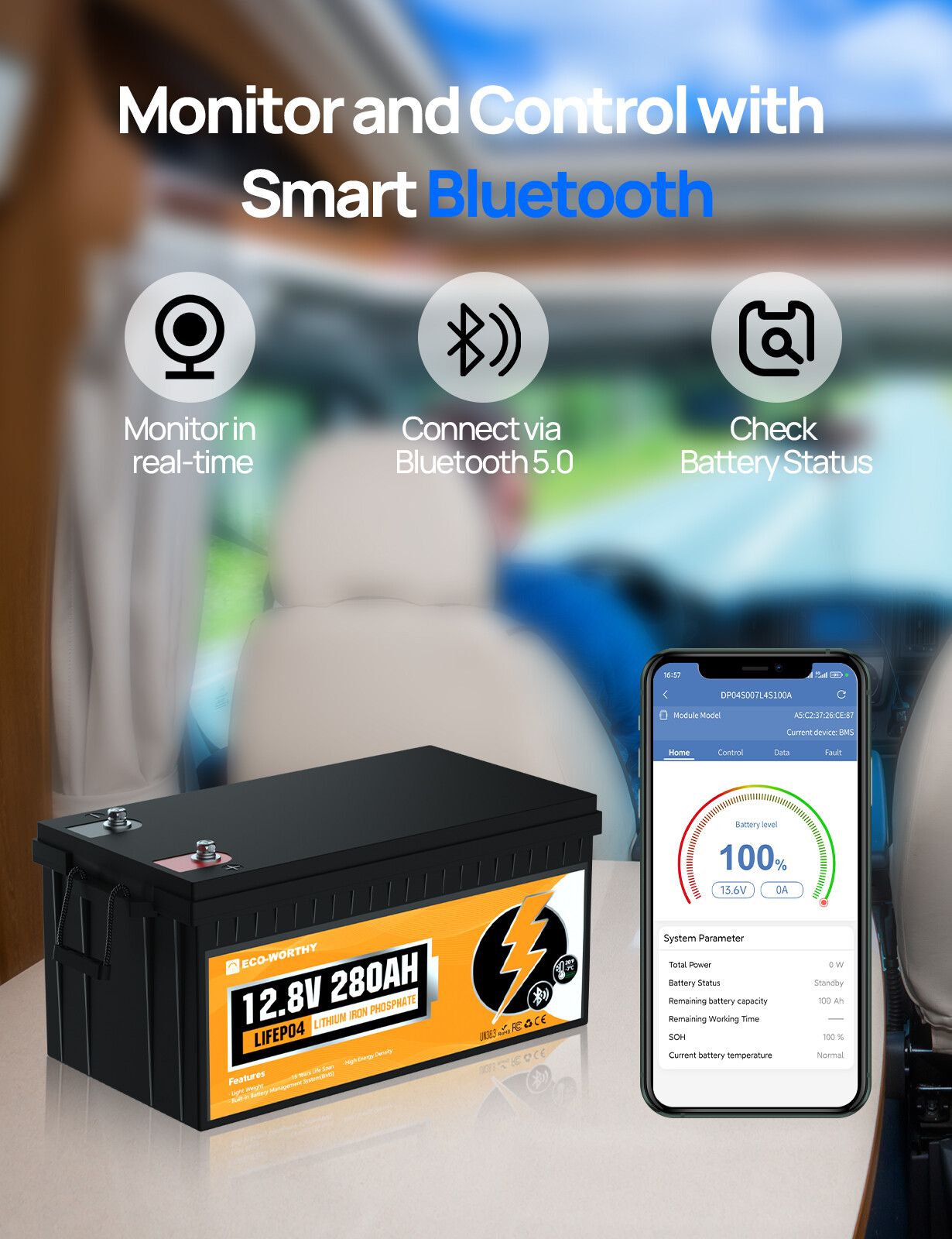 ECO-WORTHY 12V 280Ah 3584Wh 300Ah Bluetooth LiFePO4 Lithium Battery For RV Home