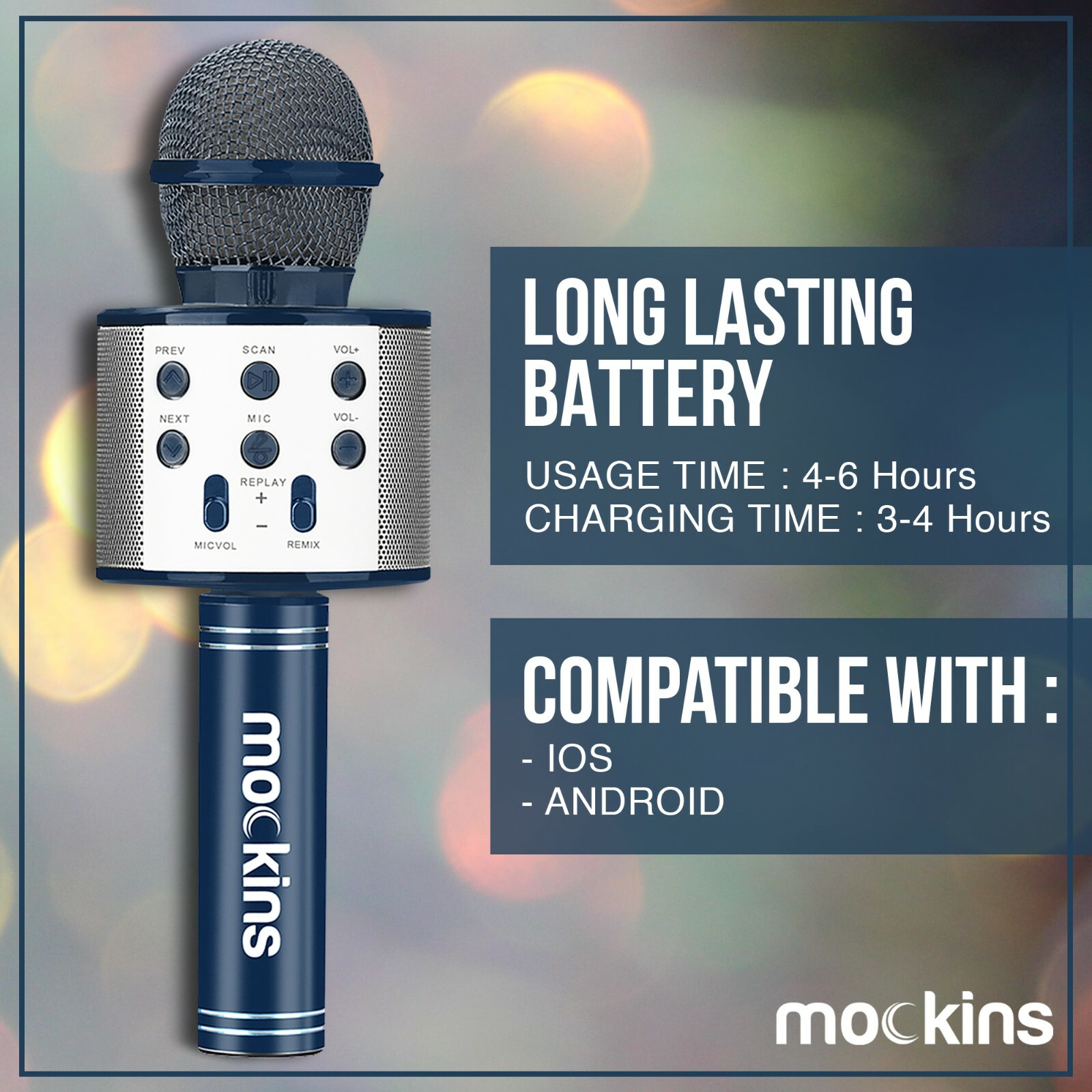 Mockins Wireless Bluetooth Karaoke Microphone, Navy, Holiday Gift kids