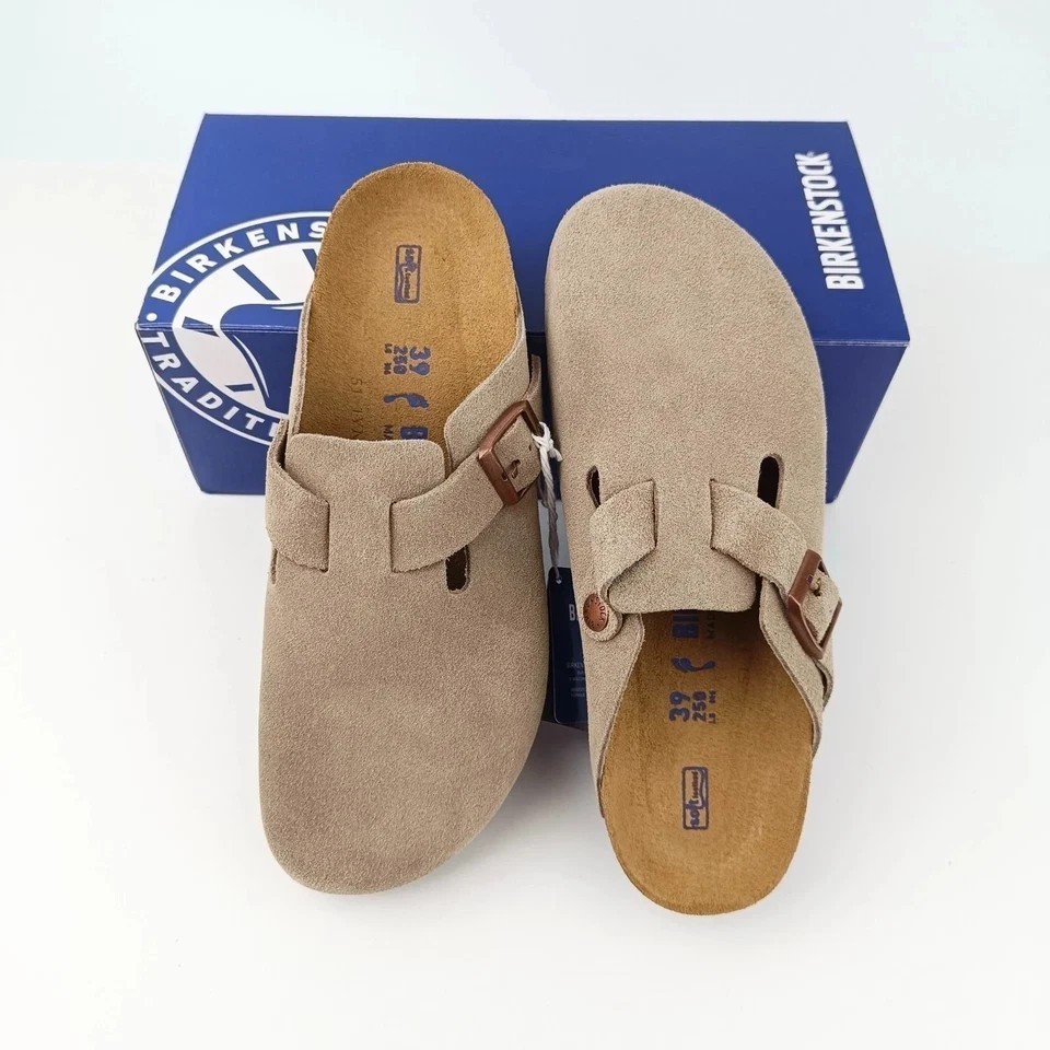 Birkenstock Boston Taupe Suede Leather Soft Footbed Unisex Clog Shoes