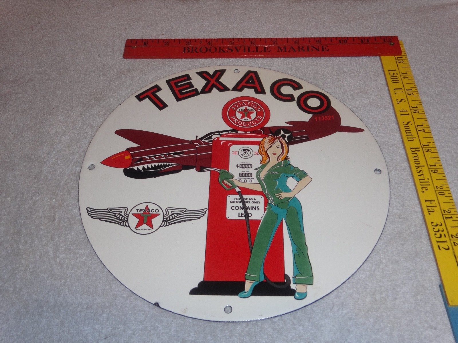 VINTAGE TEXACO AVIATION FEMALE MODEL WW2 AIRPLANE 11 3/4" PORCELAIN GAS OIL SIGN