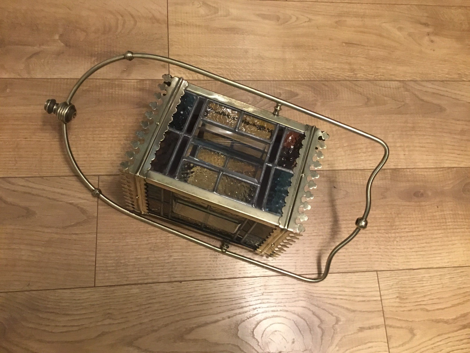 A BEAUTIFUL ANTIQUE BRASS & STAINED GLASS HALL LANTERN ,circa-1870.