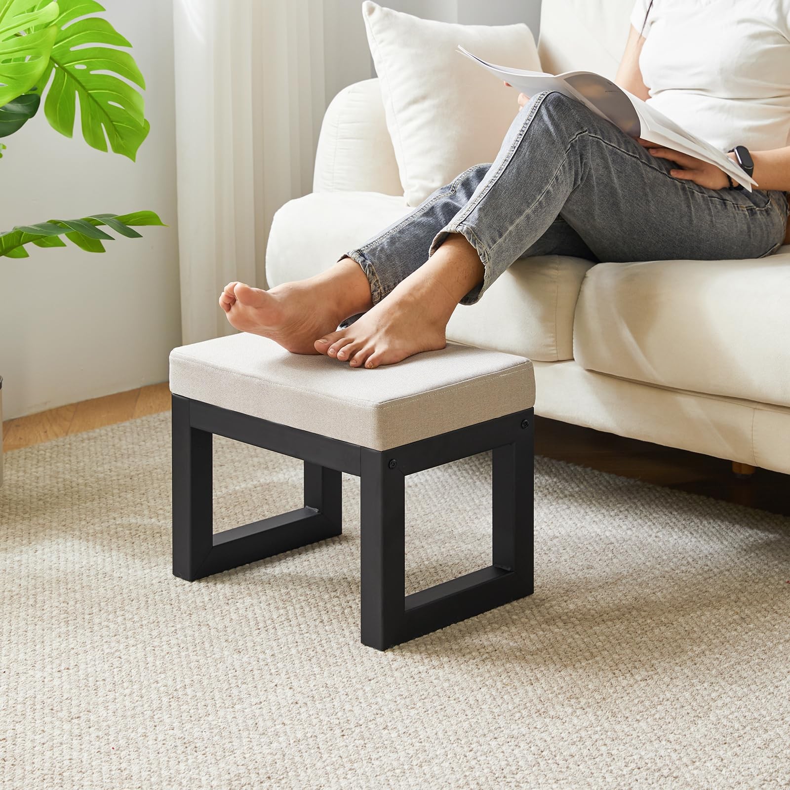 16 Inch Small Foot Stool Ottoman, Rectangle Linen Foot Rest with Padded Seat ...
