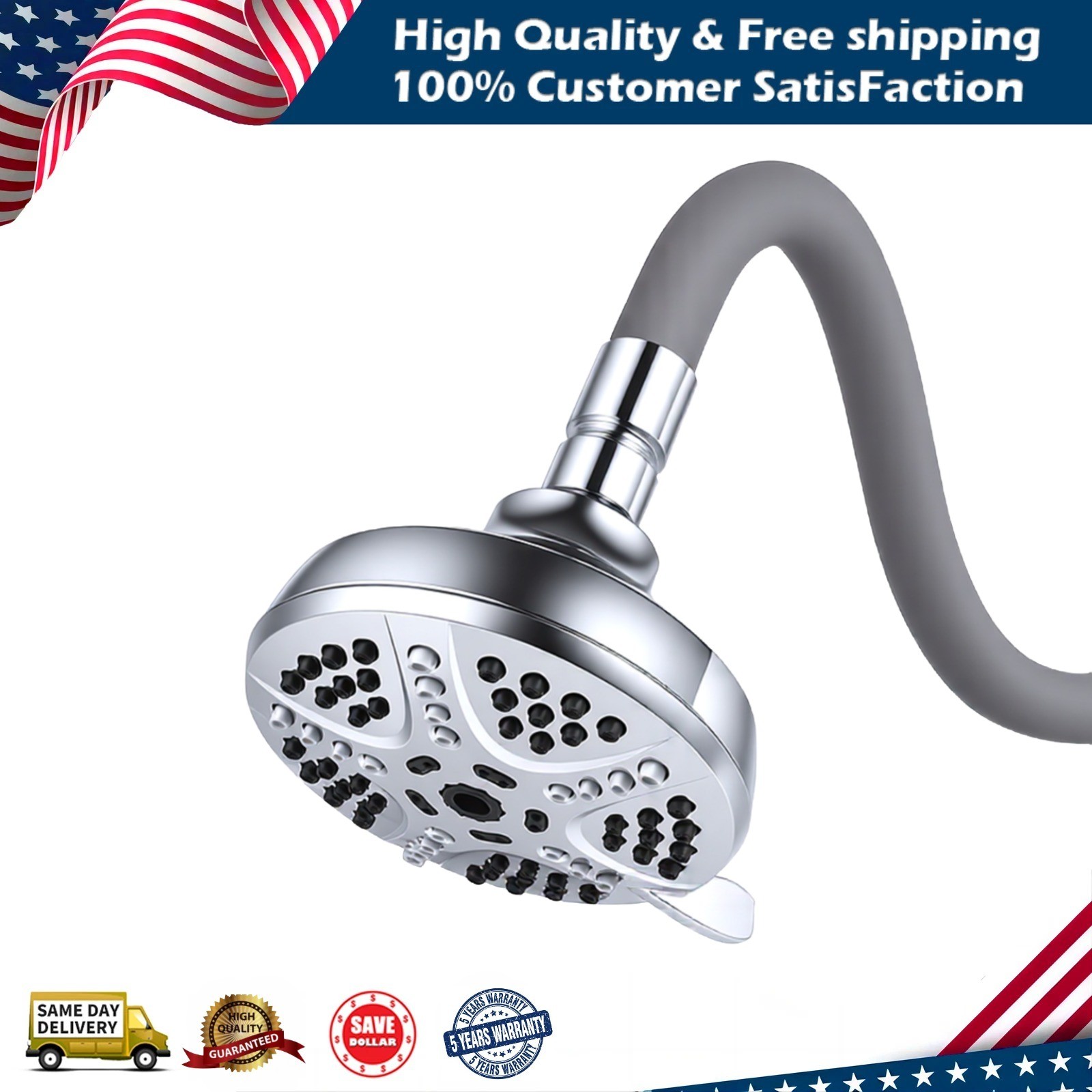 Flexible Shower Head with 18-Inch Adjustable Neck 7-Spray Modes Wall-Mounted