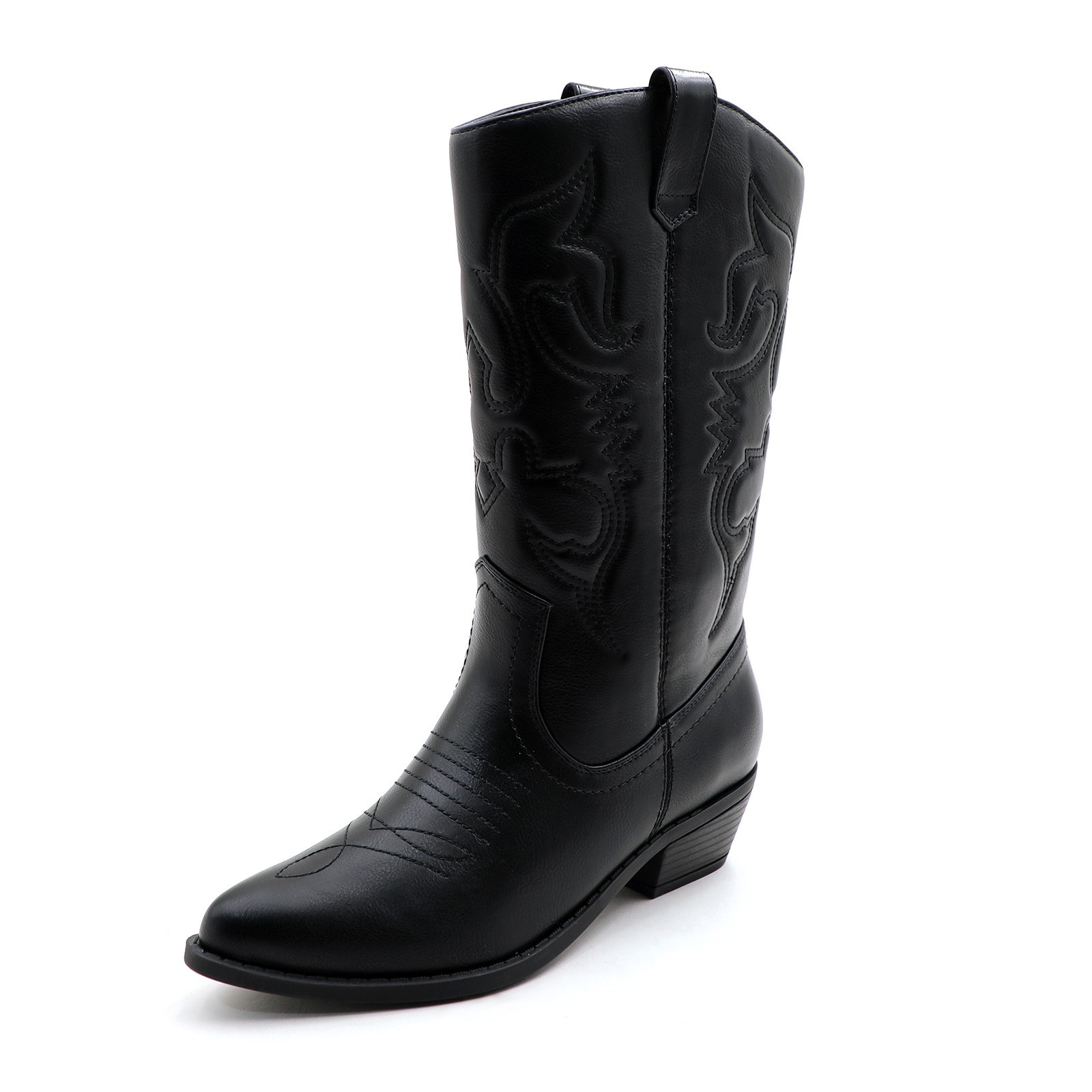 Women Western Cowgirl Boots Faux Leather Mid-Calf Length with Embroidered Design