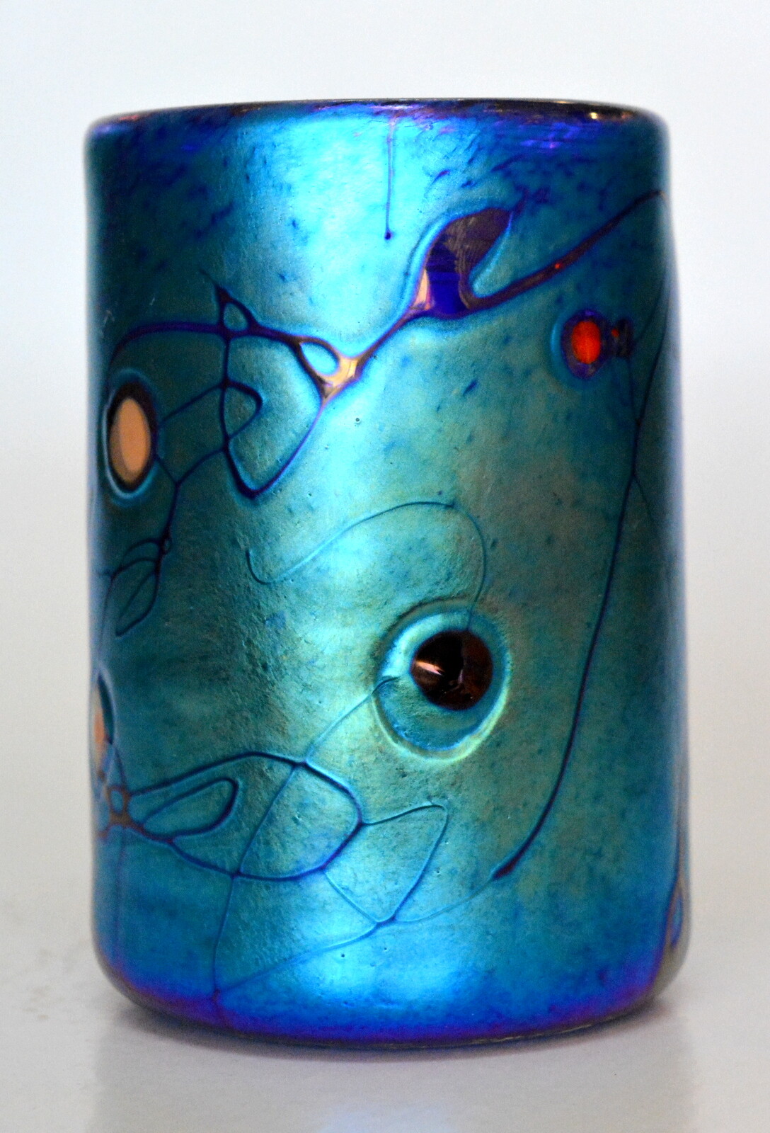 Blue Aurene Drinking Glass With Millefiori Design. Blown Glass
