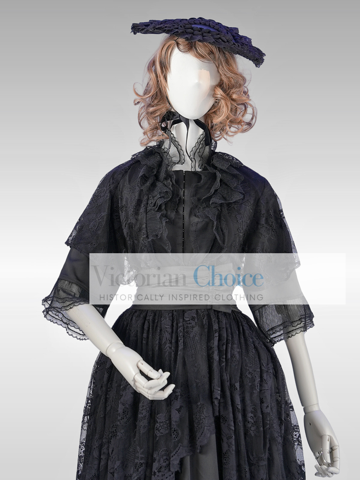 Black Victorian Edwardian Lace Overlay Romantic Gothic Wrapper Dress Theater 841