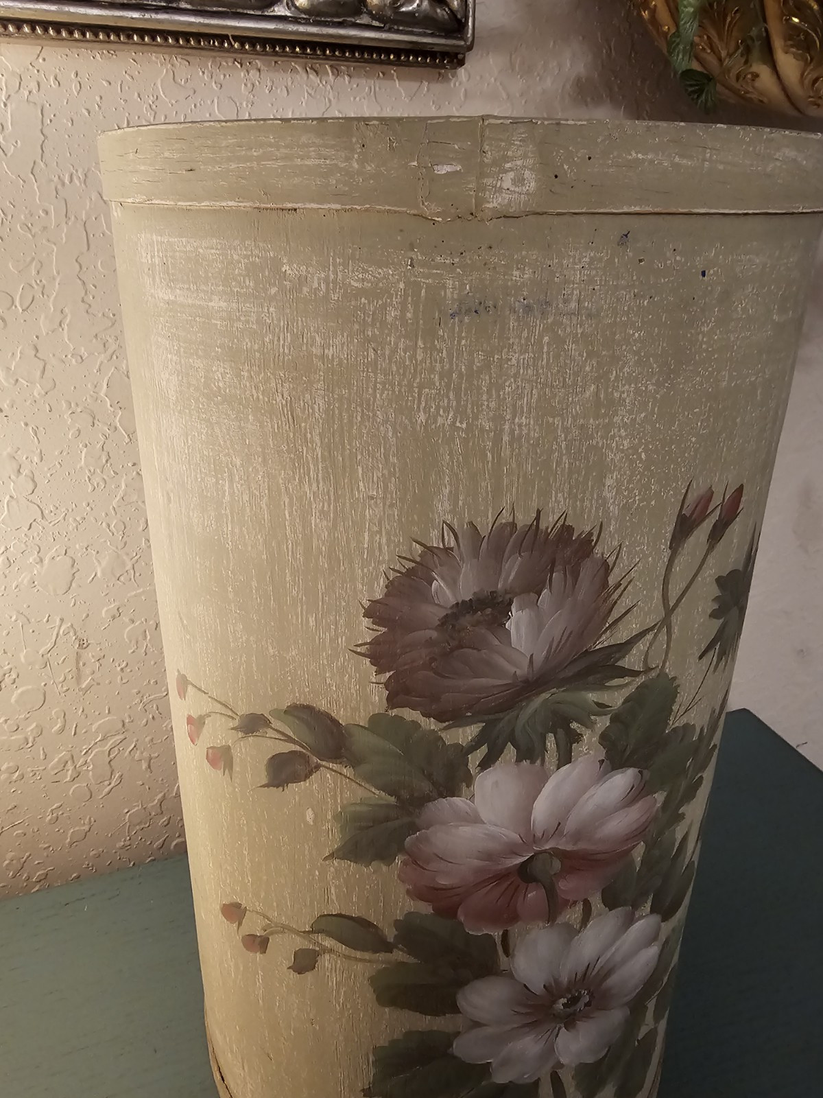 Vintage Wooden Umbrella Stand W/Painted Floral Design, 16.5" Tall-Very Good