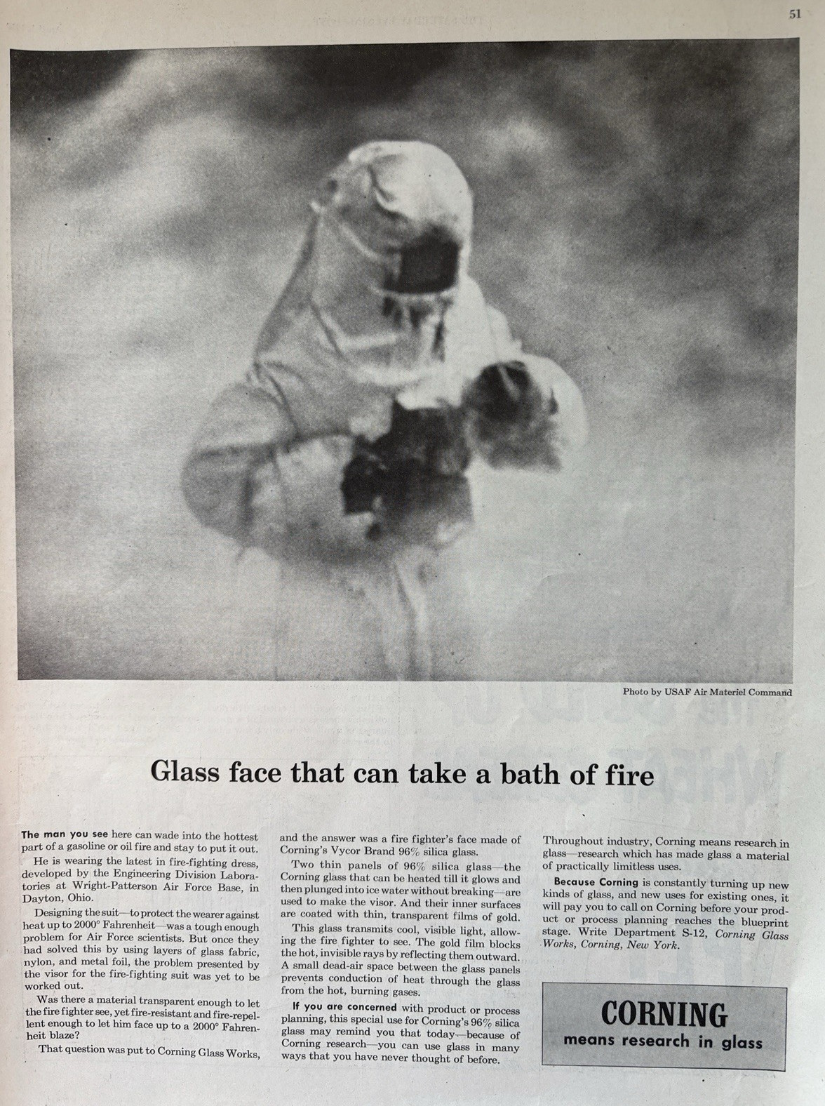 1950 Corning Glass Works New York Engineering Fire Fighting USAF VTG Print Ad