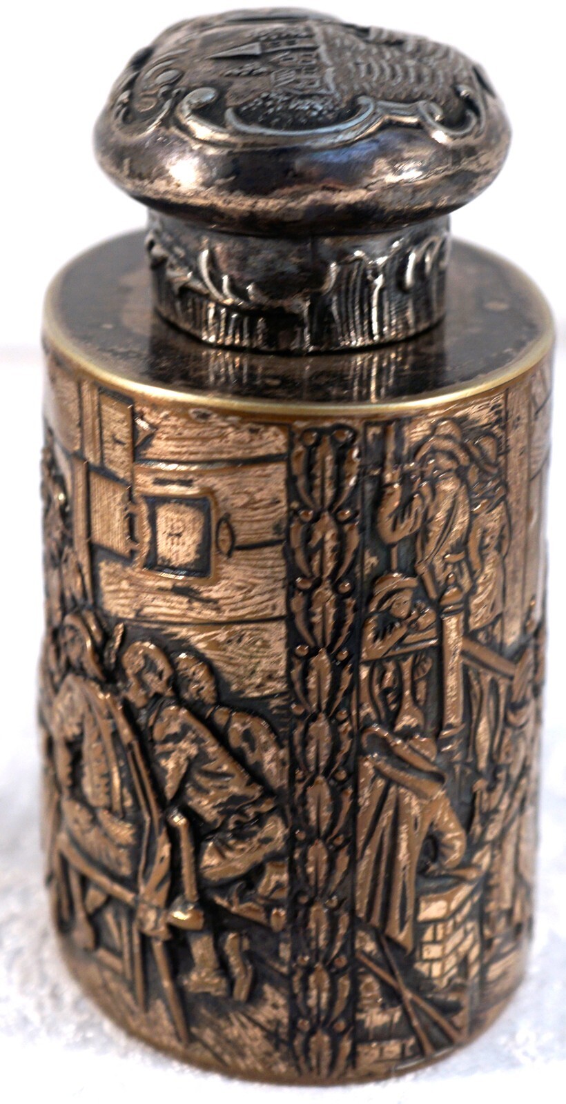 Silver Over Copper Repousse Lidded Jar Scenery of People - Sailboat on Lid