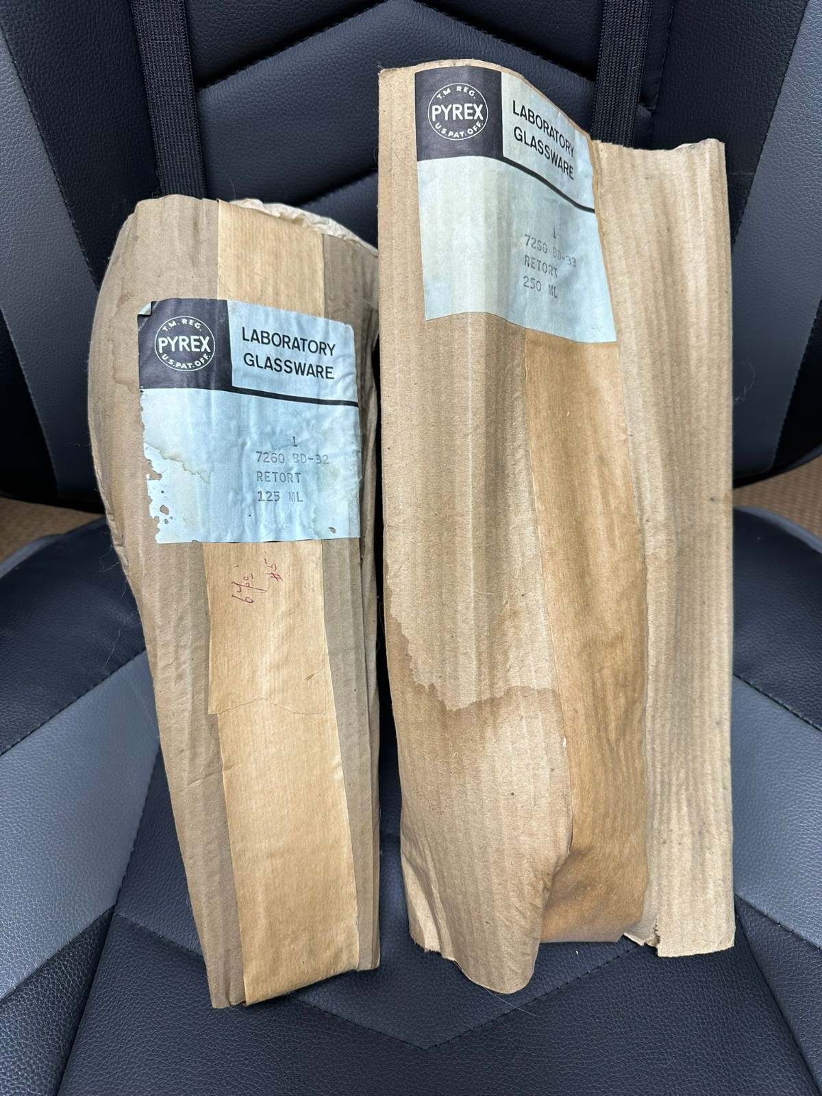 Pyrex 250 mL + 125 mL PAIR of Glass Retorts Distillation new old stock + extra