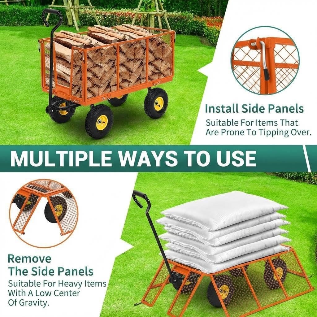 Heavy Duty Steel Garden Cart Pullable Garden Wagon with Removable Sides 1100LBS
