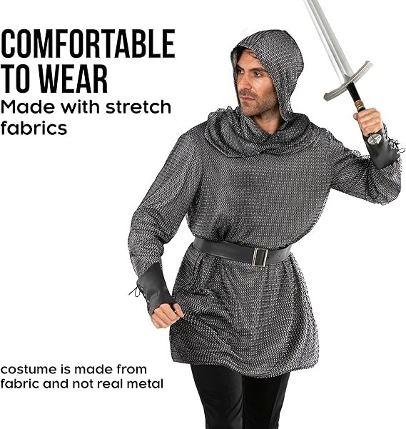 Men`s Medieval Knight Costume Adult Chain Mail Shirt Crusader M - 3XL Halloween