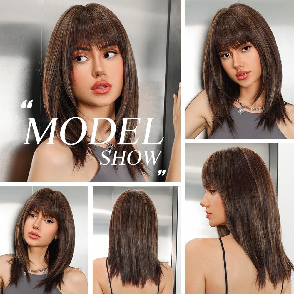 Straight Mixed Brown Heat Resistant Hair Women Cosplay Wigs With Bangs Soft