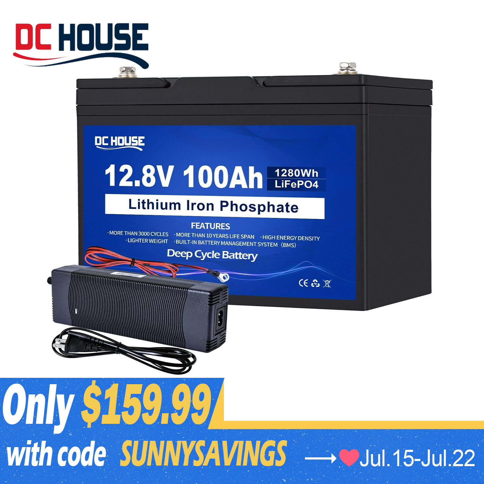 12V 100Ah LiFePO4 Lithium Battery with 10A Charger Trolling Motors RV Campers