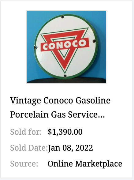 VINTAGE CONOCO ROYAL 11 3/4" PORCELAIN METAL MARLAND GASOLINE, STANDARD OIL SIGN