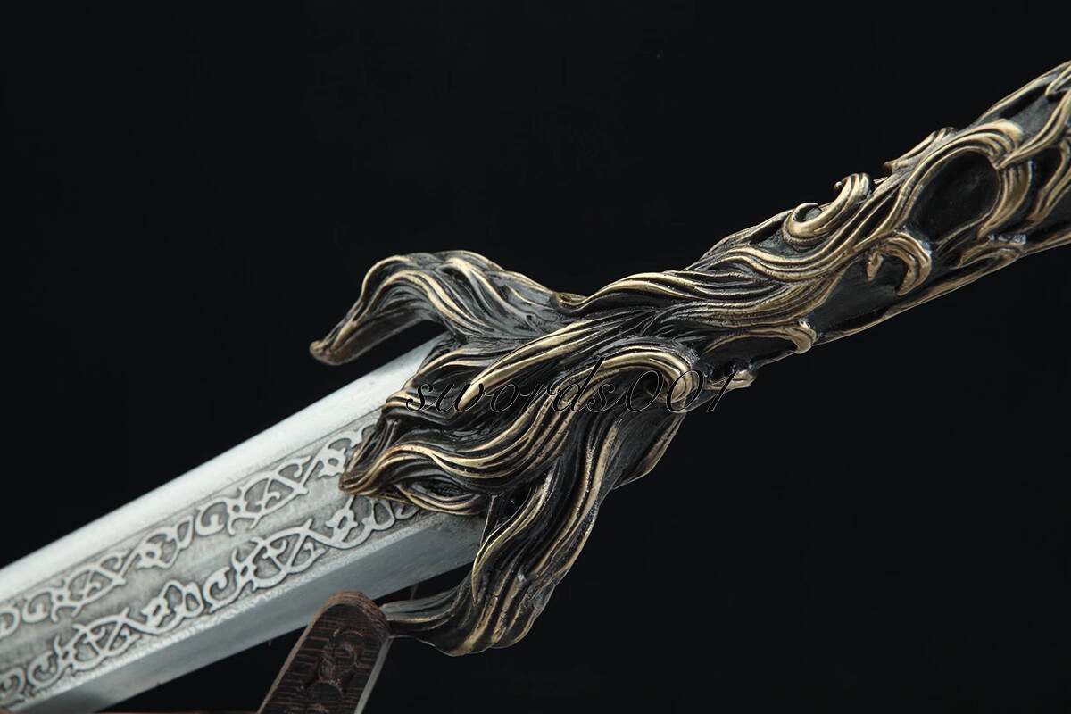 Handmade Exquisite Brass Handle Short Sword Damascus Steel Blade Leather Sheath