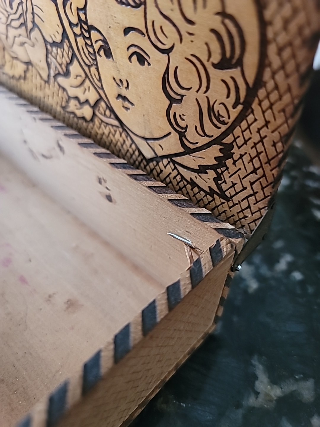 Antique Pyography Box Wood Valentine Painted Hearts Cupid Lady UNIQUE 10×3 1/2×2